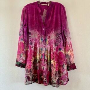 Floral Pink Women's Long Sheer Button Blouse